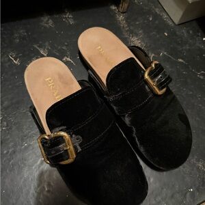 Prada Women's Black Velvet Mules with Gold Buckle